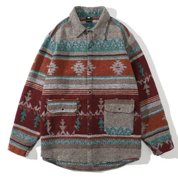 Контрастен цвят, геометричен модел, етническа риза с ревери, градинска реколта сако, мъжко палто за почивка